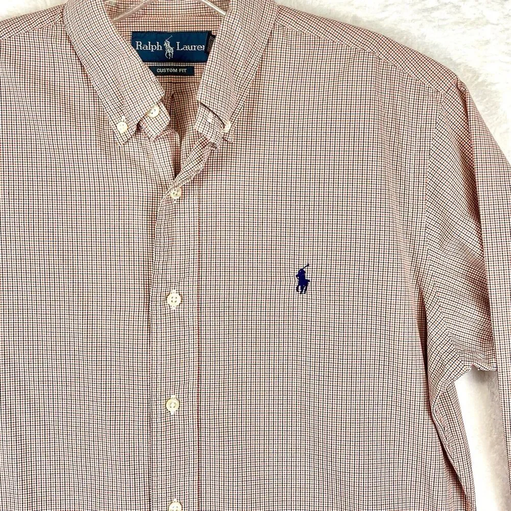 VTG Ralph Lauren Dress Shirt Men L 15.5 Red Blue Grid Micro Check Plaid Preppy